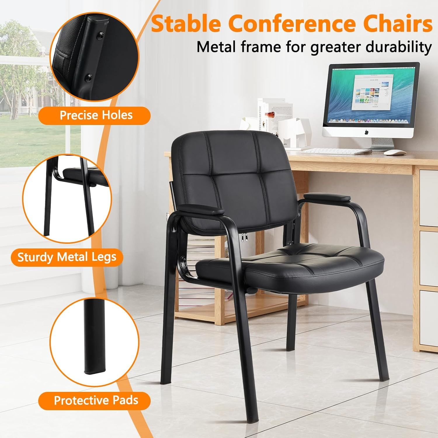 Waiting Room Guest Chair with Bonded Leather Padded Arm Rest for Office Reception and Conference